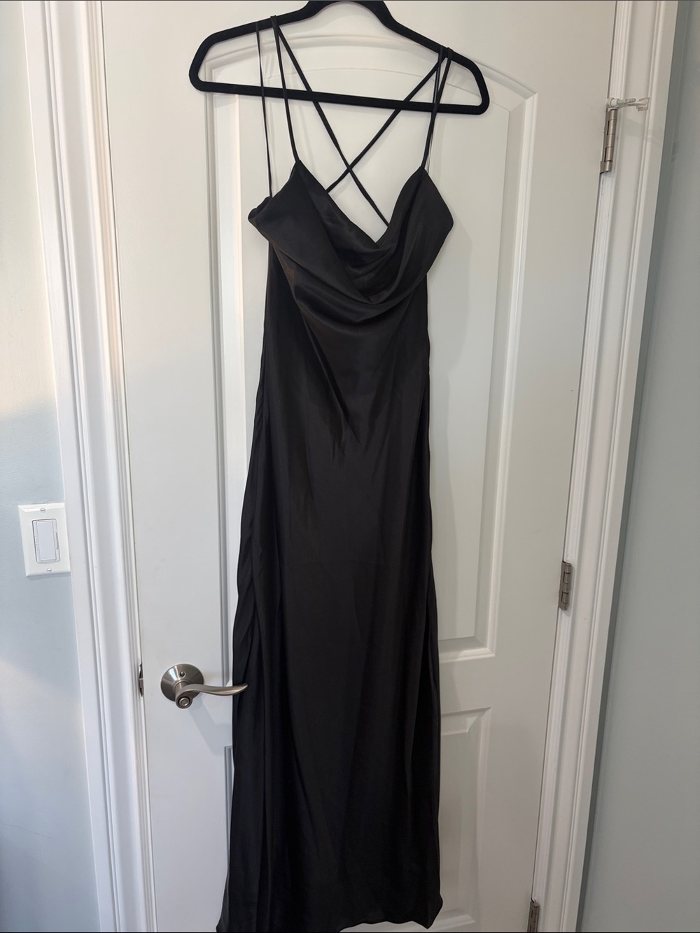 Morgan & Co. Black Satin Cowl Neck Maxi Dress with Strappy Back
